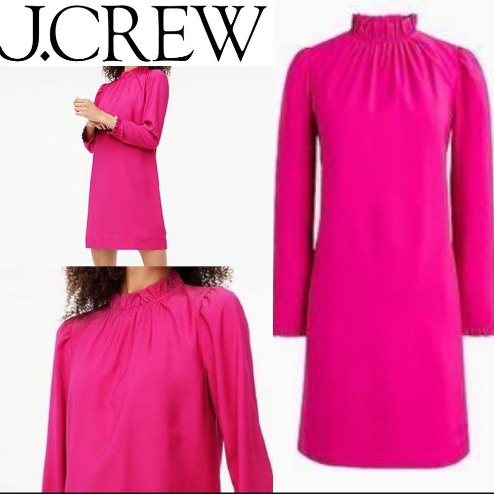 J. Crew Brilliant Bright Fuschia Ruffle Neck Shift Dress Barbie Barbiecore Med